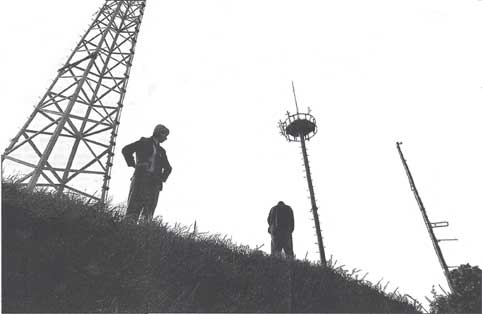 Visitors Hill are silhouetted among the towers